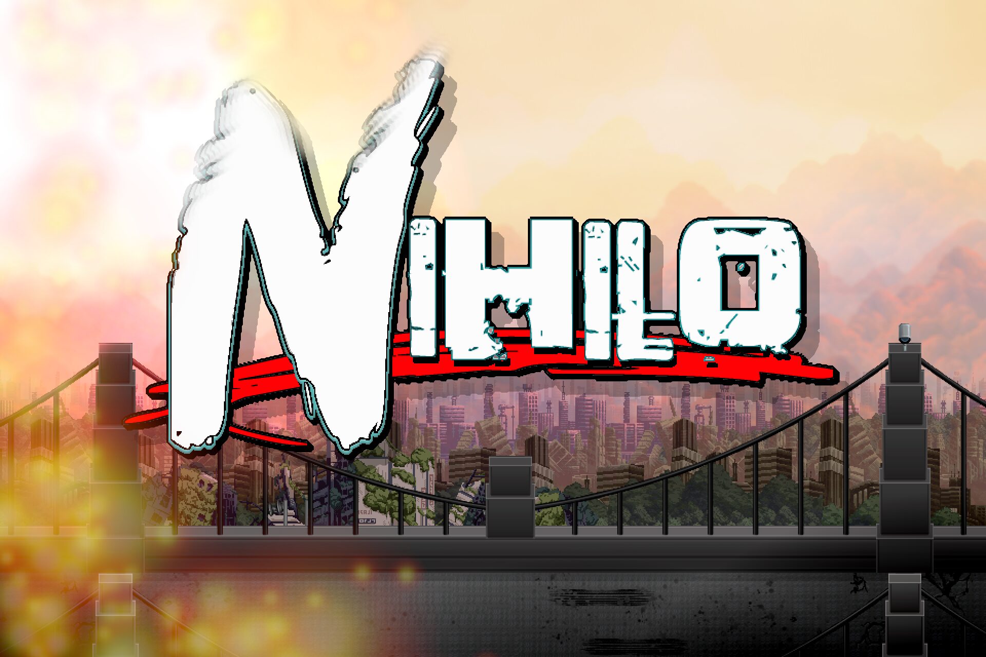 Nihilo logo over a pixel-art suspension bridge and a ruined city skyline at sunset